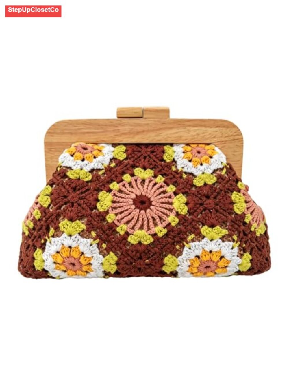 Handmade Crochet Clutch Purse Wooden Frame Retro Floral Kiss Lock